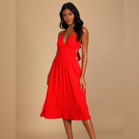 Lulu’s Bold New Look Bright Red Tie-Back Midi Dress With Pockets NWT size medium - Picture 1 of 7